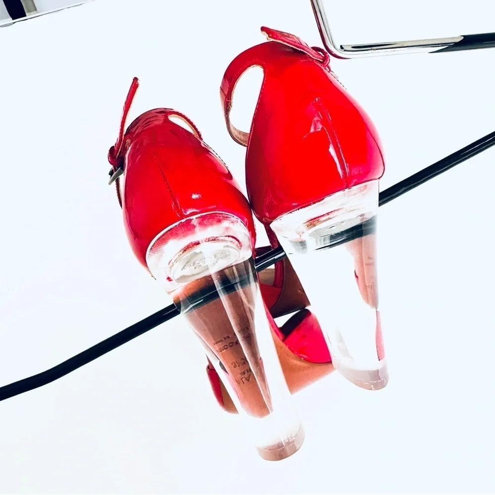 Alaia Red Patent Leather Luxury HTF Sandal w/ Clear-Block Heel Ankle-Strap 37.5 - Picture 12 of 16